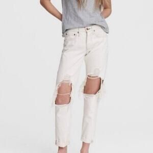Rag & Bone White Rosa Mid Rise Boyfriend Fit Jeans Destroyed Knees size 26 waist